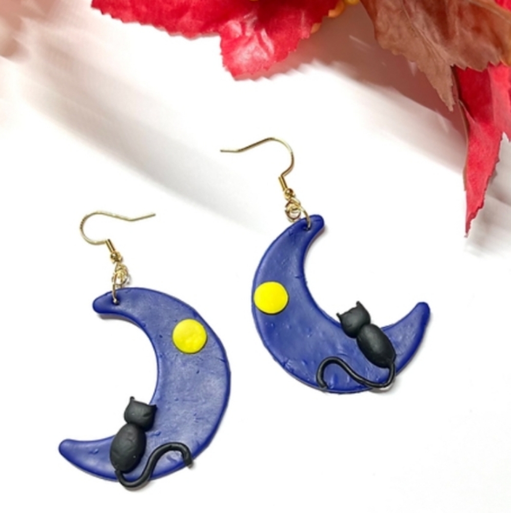 Blue Crescent Moon and Black Cat Earrings with yellow full moon dangles